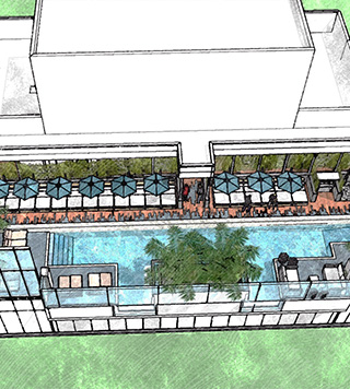 Rendering of the boutique hotel including the pool area.