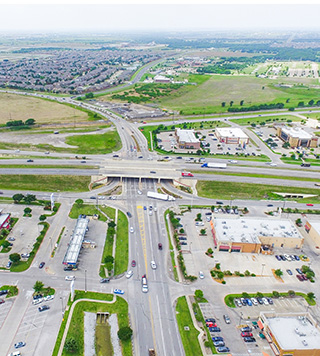 Aerial image of a busy roadway. 