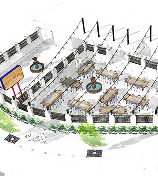Rendering of an outdoor gathering area. There are several tables and water features enclosed in a fence.